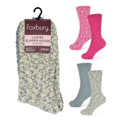 Foxbury - Ladies 2 x 2 Pack Popcorn Slipper Socks: Pink/Grey