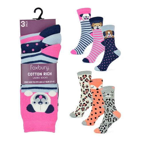 Foxbury - Ladies 2 x 3 Pack Socks: Animal Design