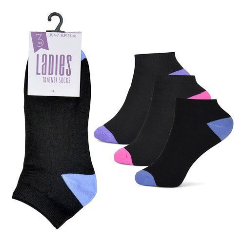 Ladies Trainer Socks - 3 Pack: Black/Colour Heel & Toe