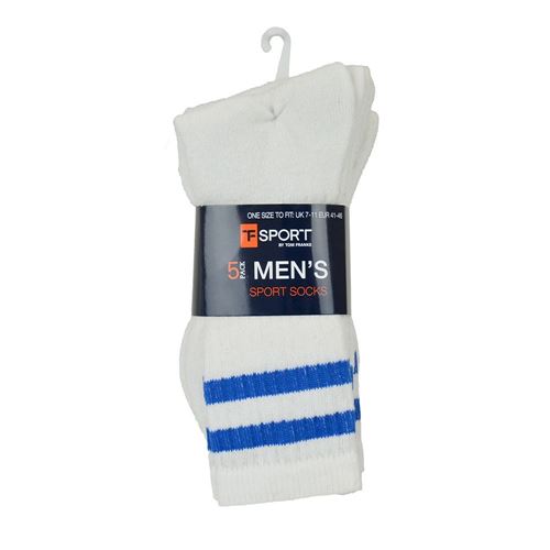 Picture of Tom Franks T-Sport Men's Sport Socks - 5 Pack: White With Blue Stripes (UK Size 7-11) Model # SK694