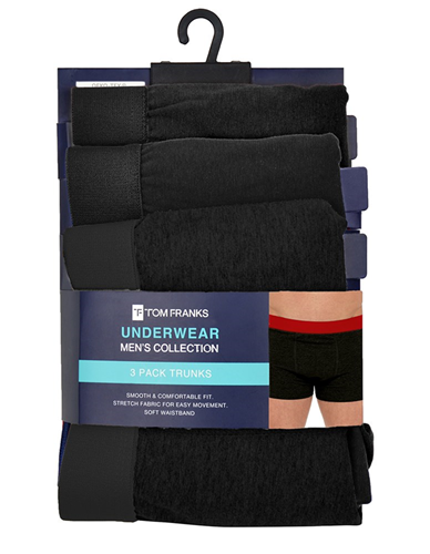 Picture of Tom Franks Men's Trunks - 3 Pack: Black Waistband (UK Size M) Model # BR431