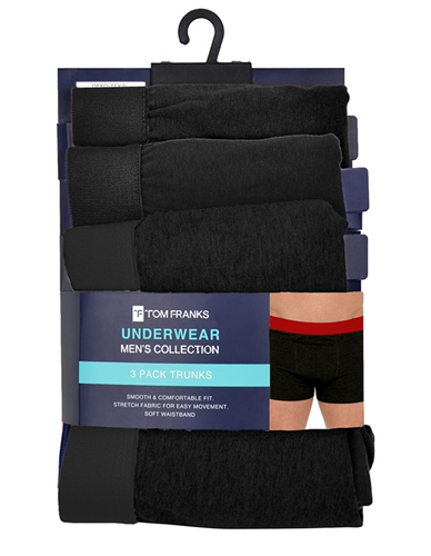 Picture of Tom Franks Men's Trunks - 3 Pack: Black Waistband (UK Size XXL) Model # BR431